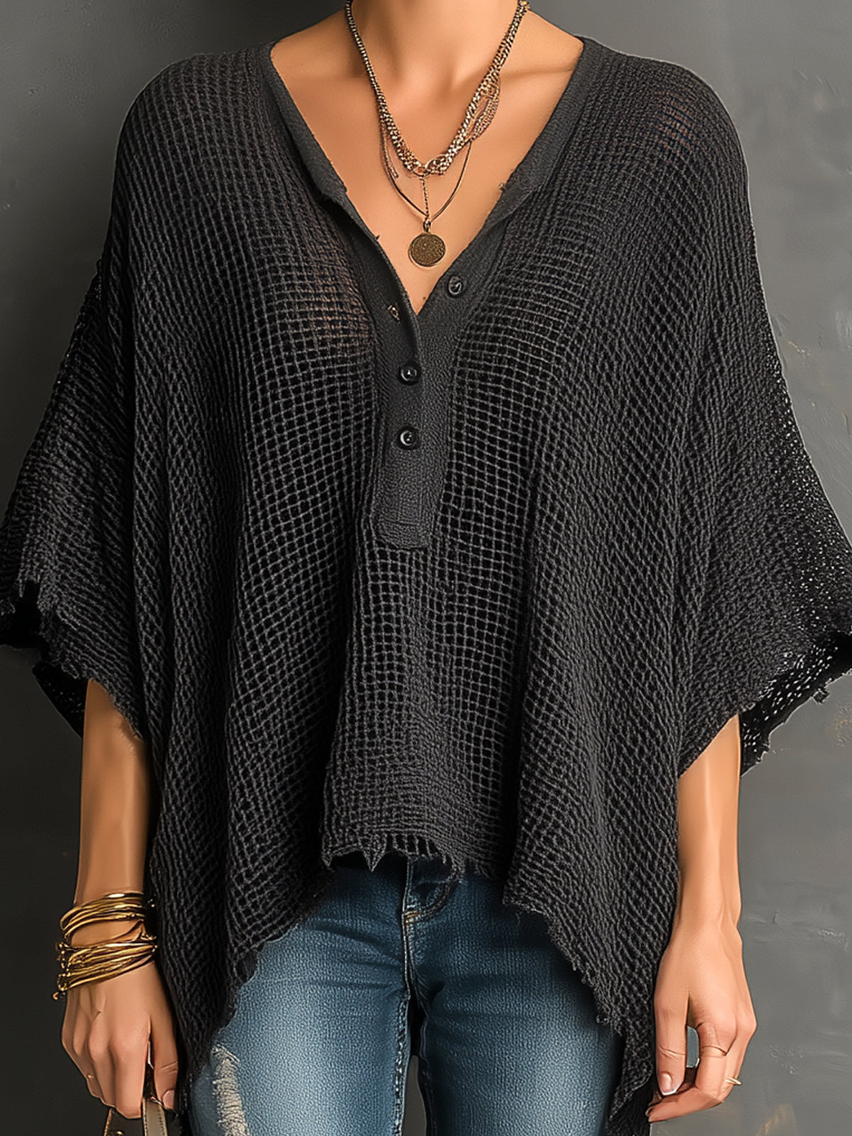 ElevenOra Chic Casual Black Henley Collar Dropped Shoulder Batwing-Sleeve Raw Edge Detail Loose-Fit Sweater