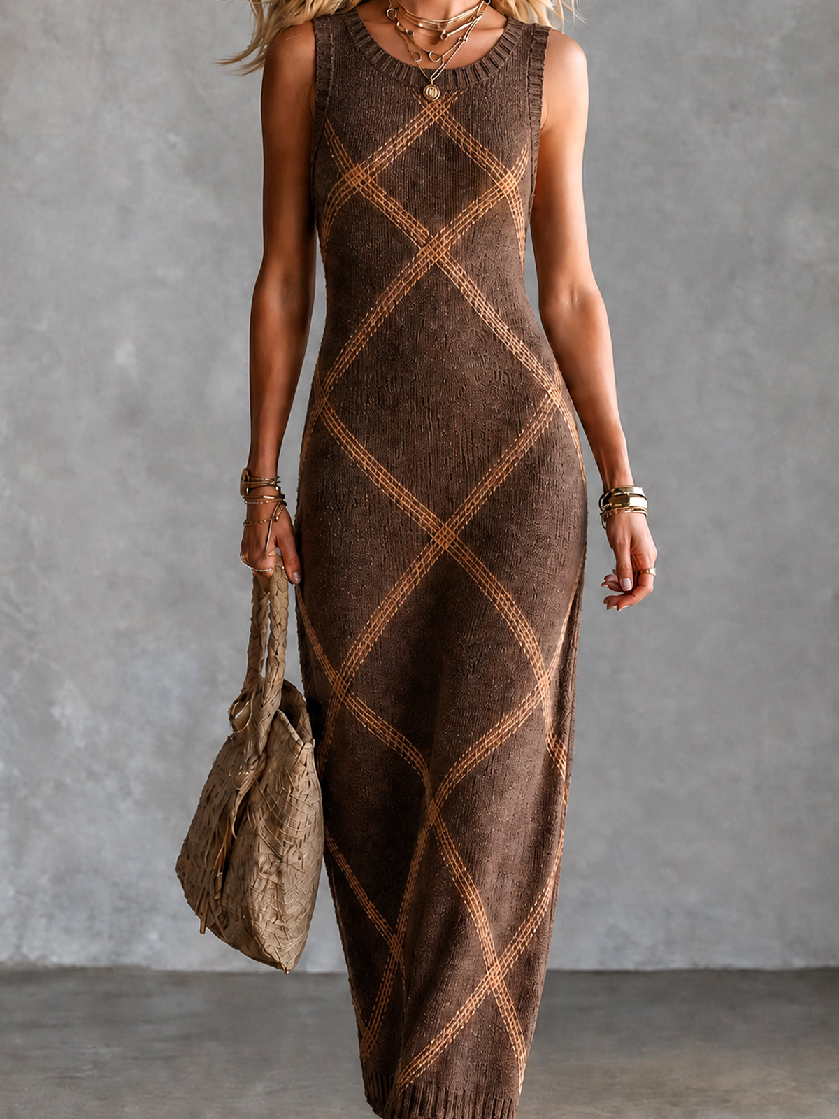 ElevenOra Chic Elegant Brown Cotton Blend Geometrical Jacquard Round-Neck Sleeveless Slim-Fit Ribbed Knit Maxi Dress