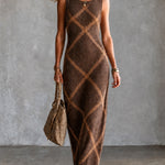 ElevenOra Chic Elegant Brown Cotton Blend Geometrical Jacquard Round-Neck Sleeveless Slim-Fit Ribbed Knit Maxi Dress