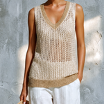 ElevenOra Chic Casual Beige V-Neck Contrast Trim Sleeveless Loose-Fit Hollow-Out Mesh Knit Vest Top
