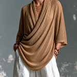 ElevenOra Chic Elegant Camel Draped Cowl Neck Three-Quarter Batwing Sleeve Loose-Fit Asymmetrical Hem Knit Sweater Top