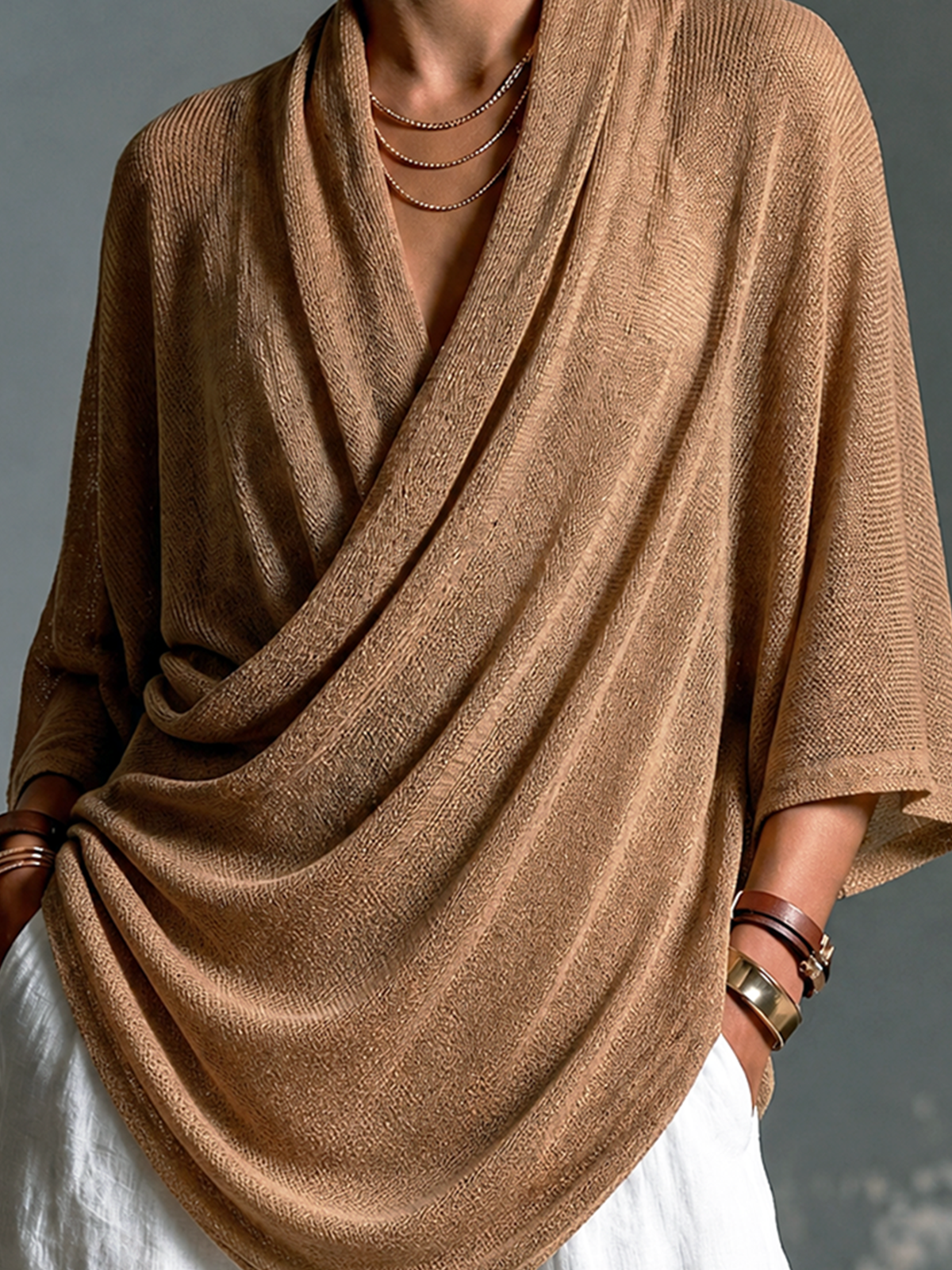 ElevenOra Chic Elegant Camel Draped Cowl Neck Three-Quarter Batwing Sleeve Loose-Fit Asymmetrical Hem Knit Sweater Top