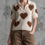 ElevenOra Chic Casual Off-White Lapel V-Neck Brown Heart Jacquard Short-Sleeve Loose-Fit Knit Sweater Top