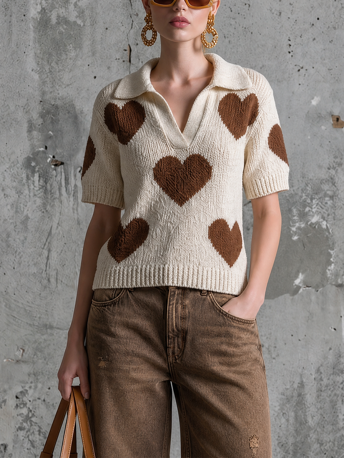 ElevenOra Chic Casual Off-White Lapel V-Neck Brown Heart Jacquard Short-Sleeve Loose-Fit Knit Sweater Top