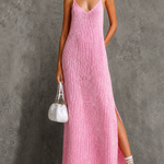 ElevenOra Chic Elegant Pink Spaghetti Straps V-Neck Sleeveless Loose-Fit Side Slit Knit Midi Dress