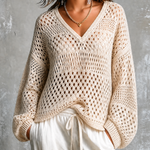 ElevenOra Chic Elegant Off-White V Neck Balloon Long Sleeve Loose-Fit Hollow-Out Mesh Knit Sweater Top