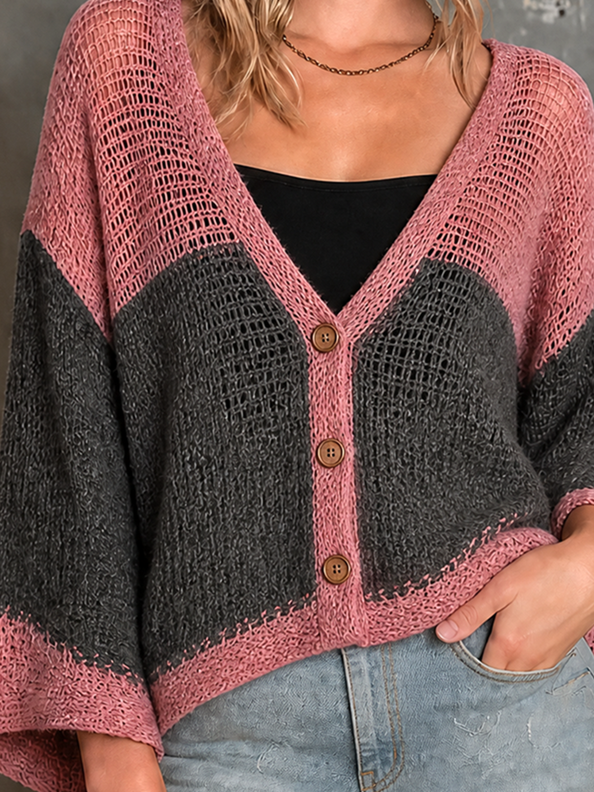 ElevenOra Chic Casual Dusty Pink-Gray Colorblock V Neck Single-Breasted Bell Flare Sleeves Loose-Fit Mesh Knit Sweater Top