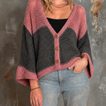 ElevenOra Chic Casual Dusty Pink-Gray Colorblock V Neck Single-Breasted Bell Flare Sleeves Loose-Fit Mesh Knit Sweater Top