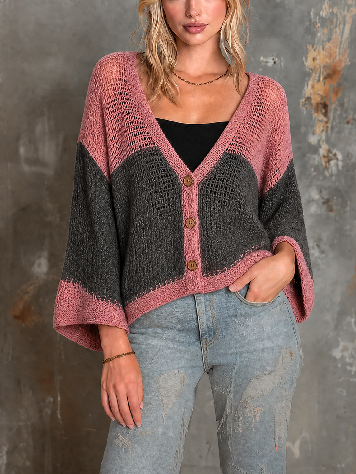 ElevenOra Chic Casual Dusty Pink-Gray Colorblock V Neck Single-Breasted Bell Flare Sleeves Loose-Fit Mesh Knit Sweater Top