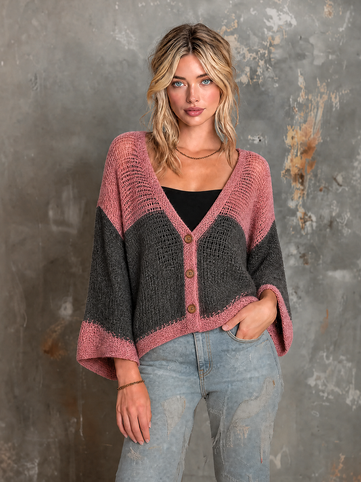 ElevenOra Chic Casual Dusty Pink-Gray Colorblock V Neck Single-Breasted Bell Flare Sleeves Loose-Fit Mesh Knit Sweater Top