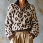 ElevenOra Chic Casual Beige Stand Collar Zipper-Up Brown Leopard Jacquard Long Sleeve Loose-Fit Knit Sweater Top