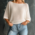 ElevenOra Chic Casual White Boat Neck Half Sleeve Loose-Fit Hollow-Out Mesh Knit Sweater Top