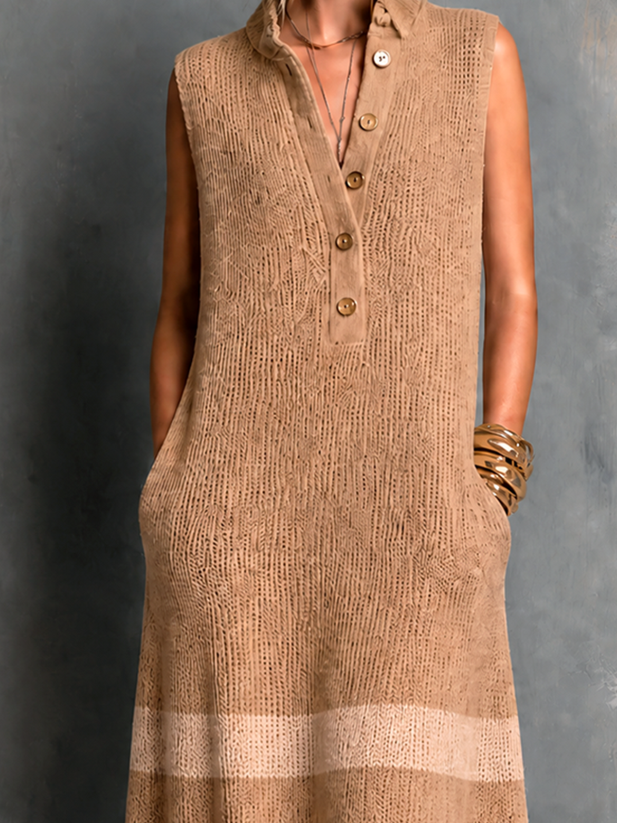 ElevenOra Chic Elegant Camel Button-Up Lapel-Collar Colorblock Stripe Sleeveless Loose-Fit A-Line Knit Maxi Dress
