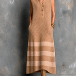 ElevenOra Chic Elegant Camel Button-Up Lapel-Collar Colorblock Stripe Sleeveless Loose-Fit A-Line Knit Maxi Dress