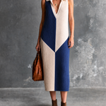ElevenOra Chic Elegant Blue-White Colorblock Lapel V-Neck Sleeveless Loose-Fit Ribbed Knit Midi Dress