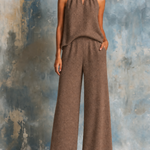 ElevenOra Chic Elegant Brown Keyhole Halter Sleeveless Tank Top  Wide-Leg Pants Knit Two-Piece Set
