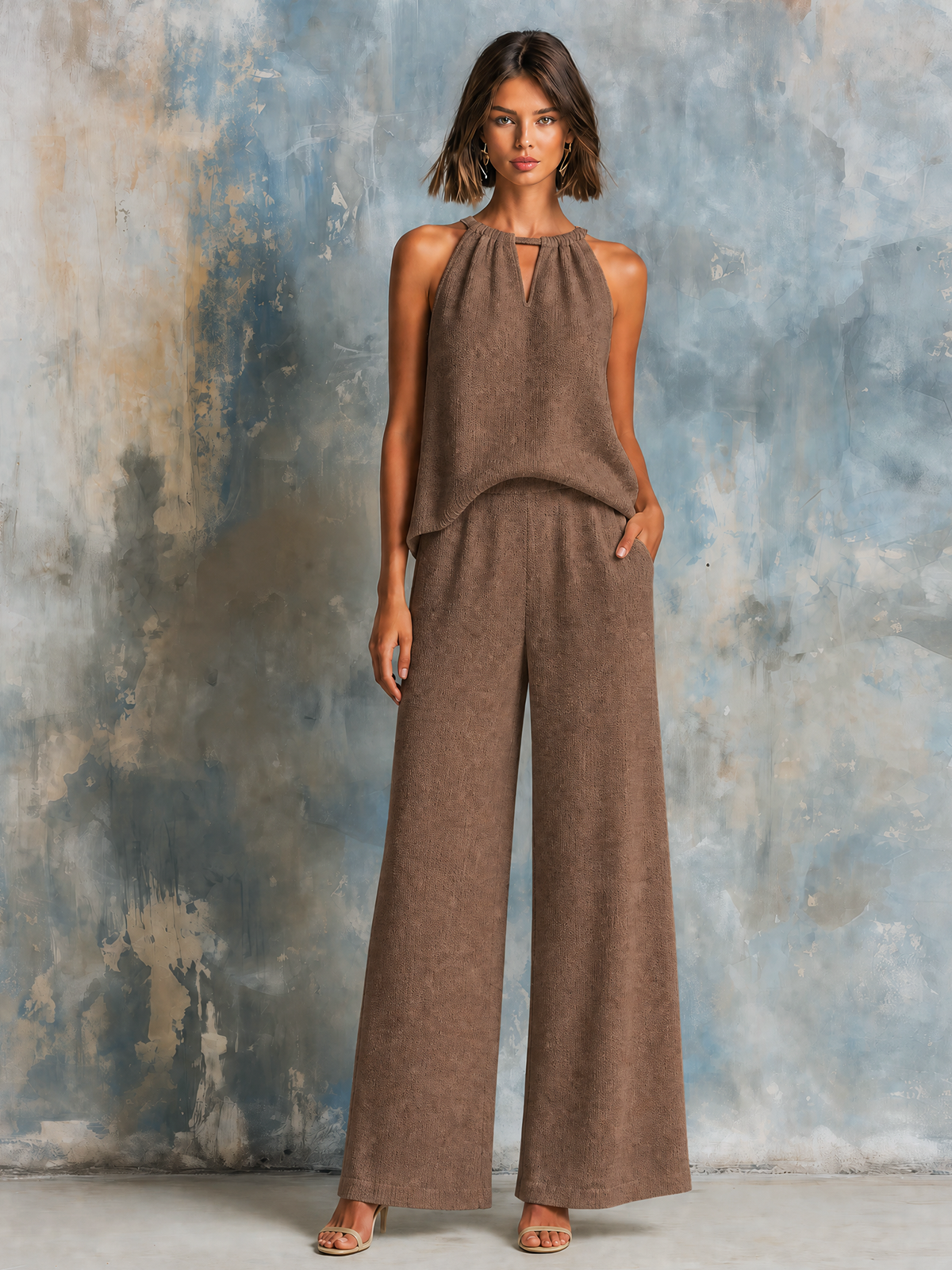 ElevenOra Chic Elegant Brown Keyhole Halter Sleeveless Tank Top  Wide-Leg Pants Knit Two-Piece Set