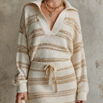 ElevenOra Chic Casual Beige Stripes Lapel-Collar Long Sleeve Sweater Drawstring-Waist A-line Mini Skirt Loose-Fit Knit Two-Piece Set