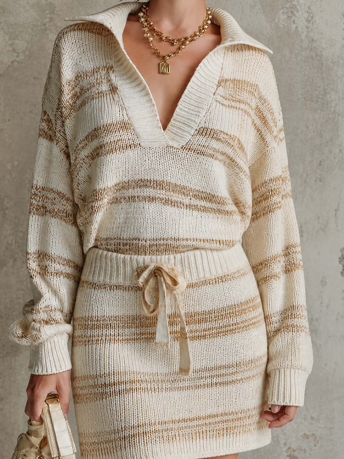 ElevenOra Chic Casual Beige Stripes Lapel-Collar Long Sleeve Sweater Drawstring-Waist A-line Mini Skirt Loose-Fit Knit Two-Piece Set