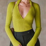 ElevenOra Chic Green Halter Neck Long Sleeve Slim-Fit Knit Sweater Top