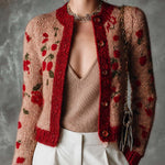 ElevenOra Chic Brown-Red Colorblock Jacquard Round Neck Single-Breasted Long Sleeve Regular-Fit Knit Cardigan