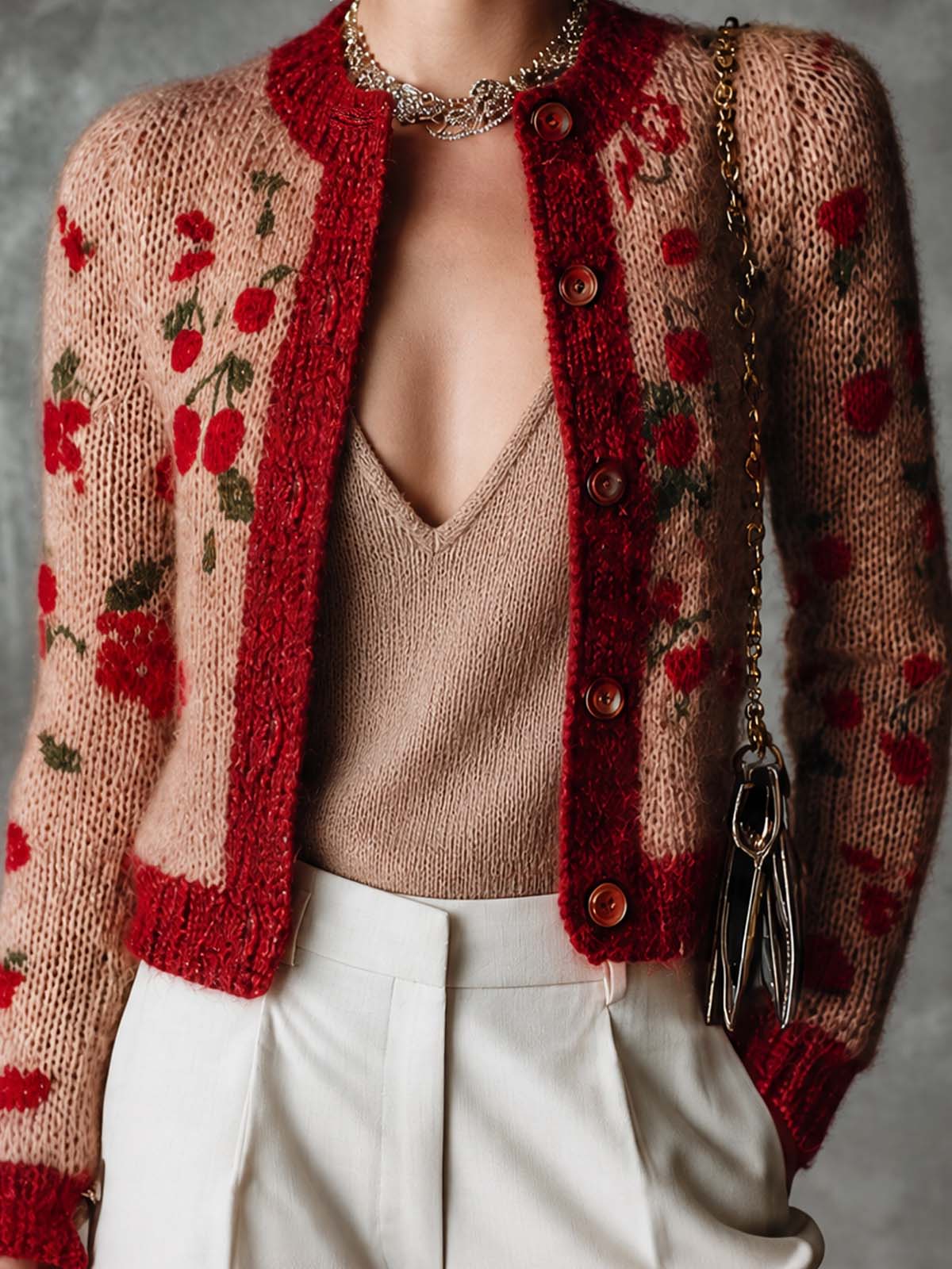 ElevenOra Chic Brown-Red Colorblock Jacquard Round Neck Single-Breasted Long Sleeve Regular-Fit Knit Cardigan