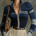 ElevenOra Chic Blue Gradient Stripes Stand-Collar Long-Sleeve Zipper-Front Slim-Fit Knit Cardigan Top
