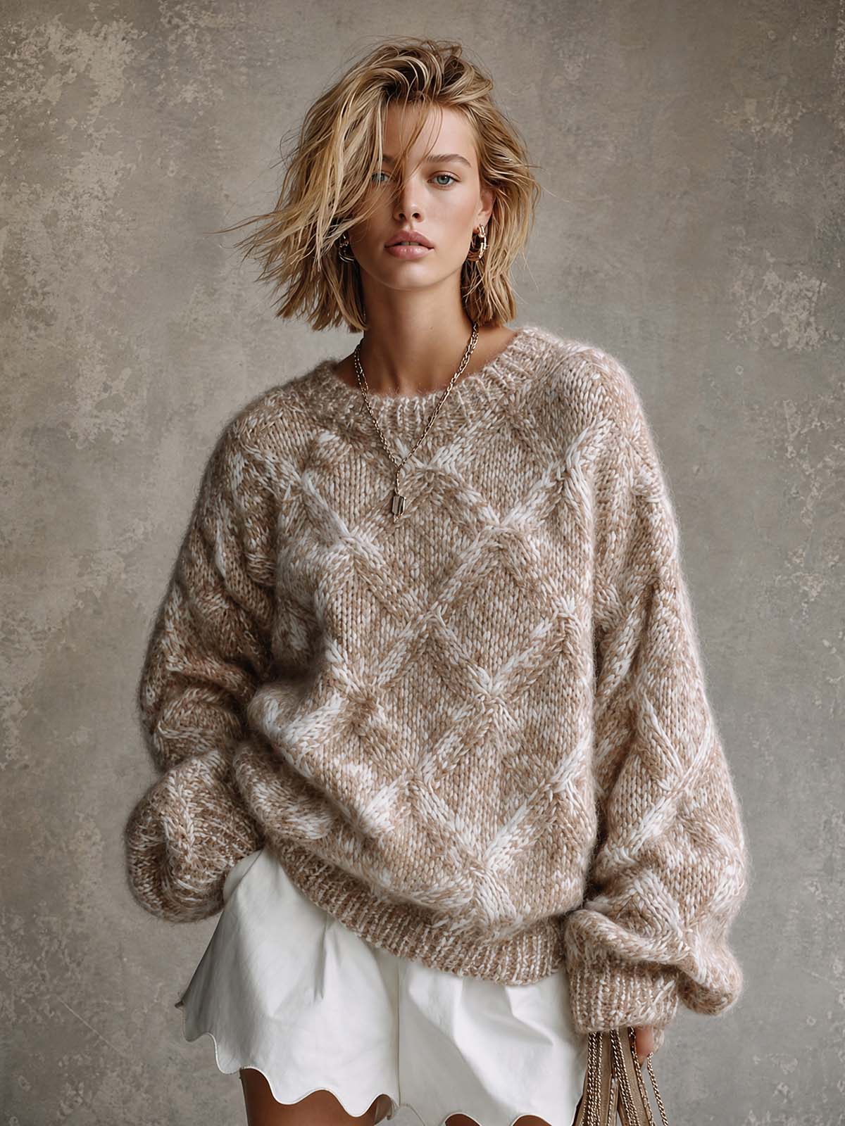 ElevenOra Chic Casual Camel Melange Argyle Pattern Jacquard Round Neck Long Sleeve Loose-Fit Sweater Top