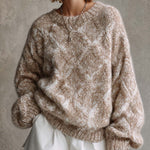 ElevenOra Chic Casual Camel Melange Argyle Pattern Jacquard Round Neck Long Sleeve Loose-Fit Sweater Top