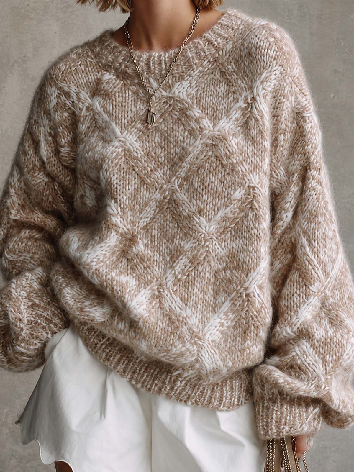 ElevenOra Chic Casual Camel Melange Argyle Pattern Jacquard Round Neck Long Sleeve Loose-Fit Sweater Top