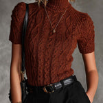 ElevenOra Chic Elegant Claret Turtleneck Short Sleeves Slim-Fit Sweater Top