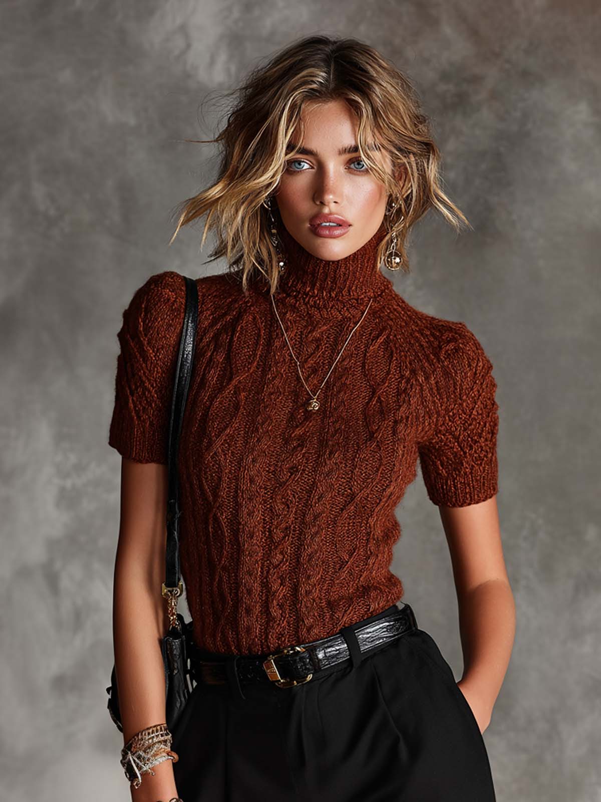 ElevenOra Chic Elegant Claret Turtleneck Short Sleeves Slim-Fit Sweater Top