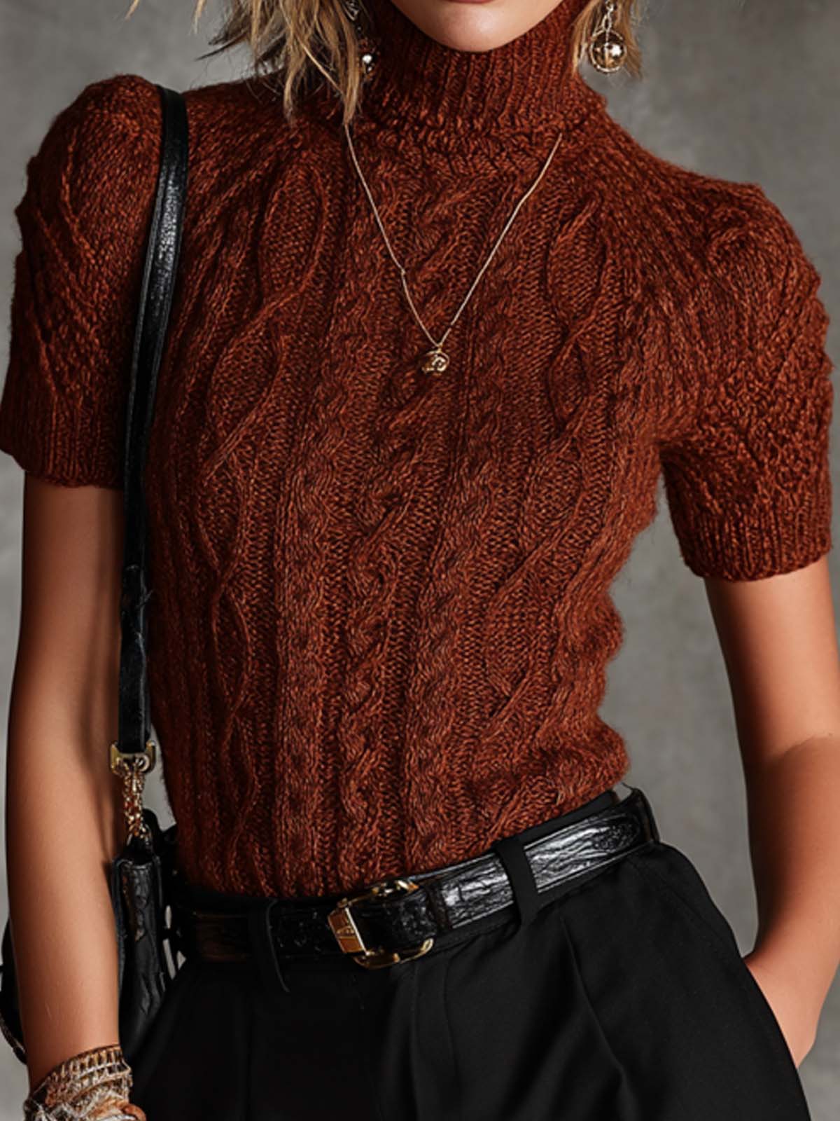 ElevenOra Chic Elegant Claret Turtleneck Short Sleeves Slim-Fit Sweater Top