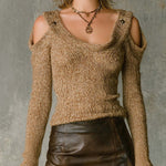 ElevenOra Chic Camel U-Neck Shoulder-Cutout Button-Detail Long Sleeve Slim-Fit Sweater Top