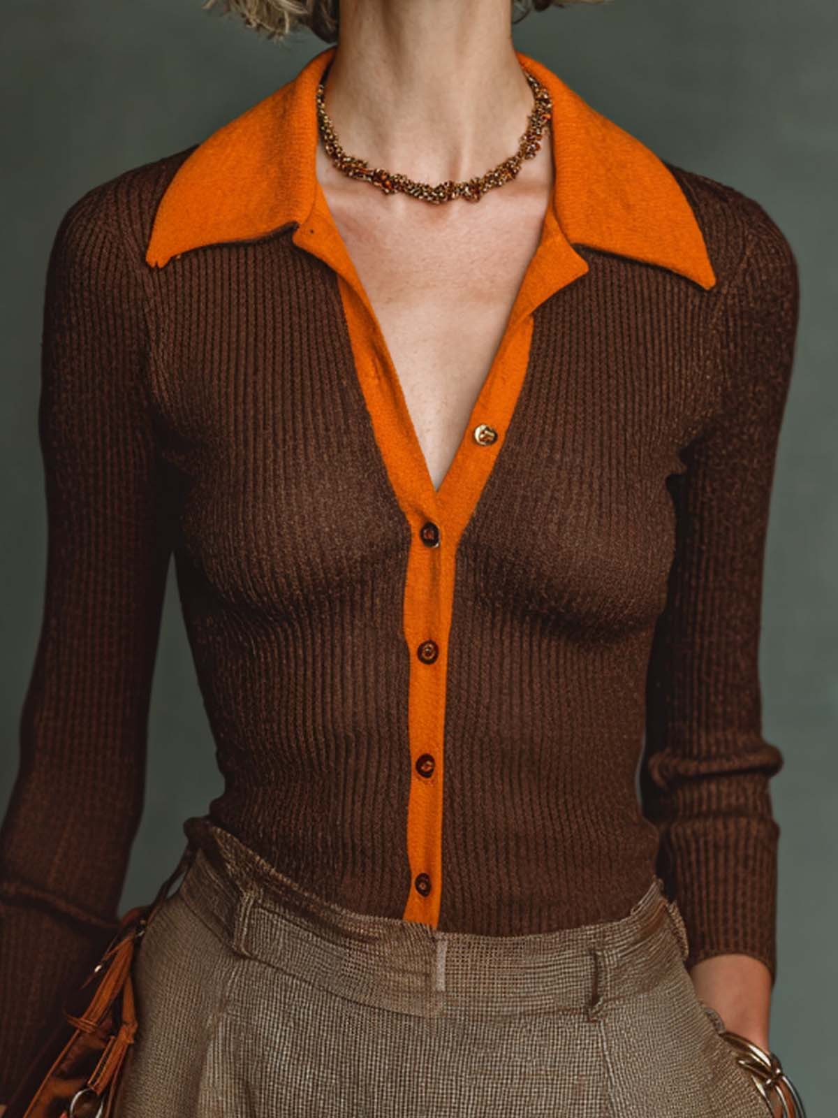 ElevenOra Chic Casual Brown-Orange Colorblock Polo-Neck Single-Breasted Long Sleeve Slim-Fit Knit Cardigan Top