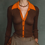 ElevenOra Chic Casual Brown-Orange Colorblock Polo-Neck Single-Breasted Long Sleeve Slim-Fit Knit Cardigan Top