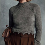 ElevenOra Chic Dark Gray Turtleneck Lace Trim Long-Sleeve Regular-Fit Cropped Sweater Top