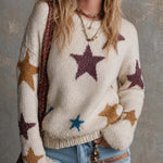 ElevenOra Chic Casual Multi-Colored Star Jacquard Round Neck Long Sleeve Loose-Fit Sweater Top