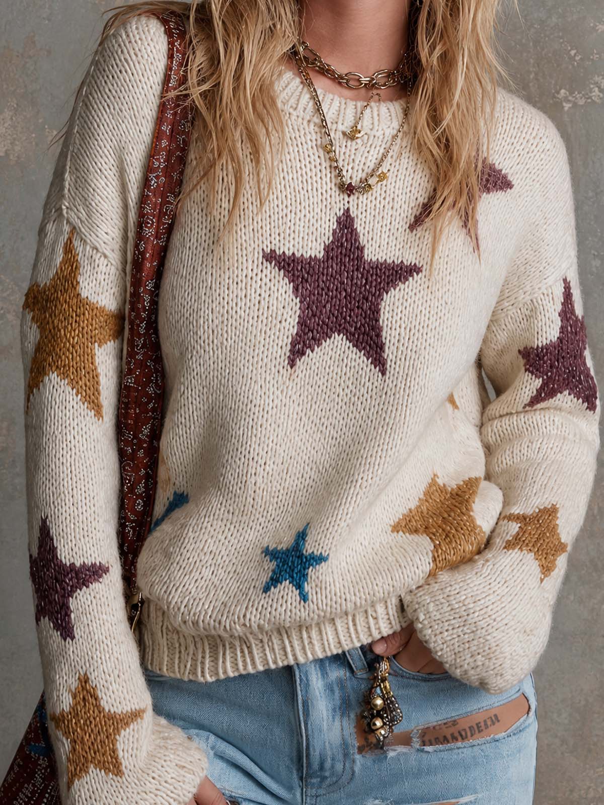 ElevenOra Chic Casual Multi-Colored Star Jacquard Round Neck Long Sleeve Loose-Fit Sweater Top
