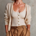 ElevenOra Chic Beige U-Neck Single-Breasted Slim-Fit Tank Top V-Neck Single-Breasted Long-Sleeve Cardigan Knit Two-Piece Set