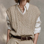 ElevenOra Chic Oatmeal-Colored V-Neck Cable Pattern Sleeveless Loose-Fit Sweater Top