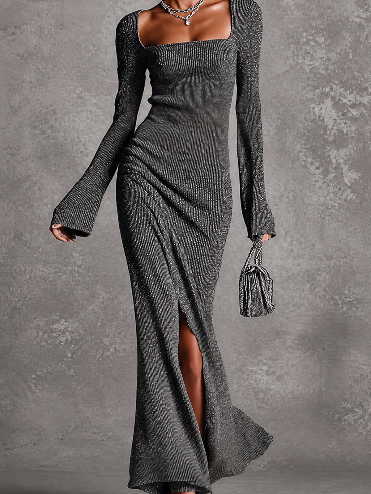 ElevenOra Chic Carbon Gray Square-Neck Long-Flare-Sleeve Tailored Slit Detail Ribbed Knit Maxi Dress