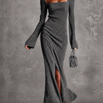 ElevenOra Chic Carbon Gray Square-Neck Long-Flare-Sleeve Tailored Slit Detail Ribbed Knit Maxi Dress