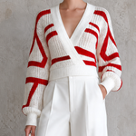 ElevenOra Chic Elegant White-Red Geometric Colorblock Jacquard  Wrap V Neck Balloon Long Sleeve Loose-Fit Knit Sweater Top
