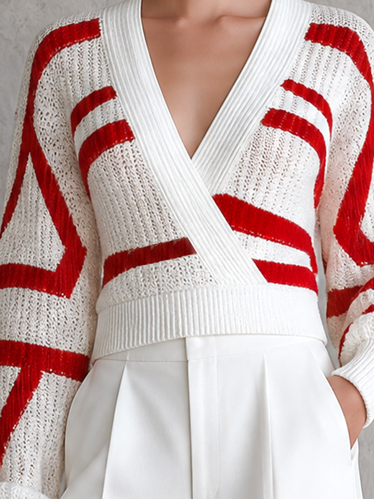 ElevenOra Chic Elegant White-Red Geometric Colorblock Jacquard  Wrap V Neck Balloon Long Sleeve Loose-Fit Knit Sweater Top