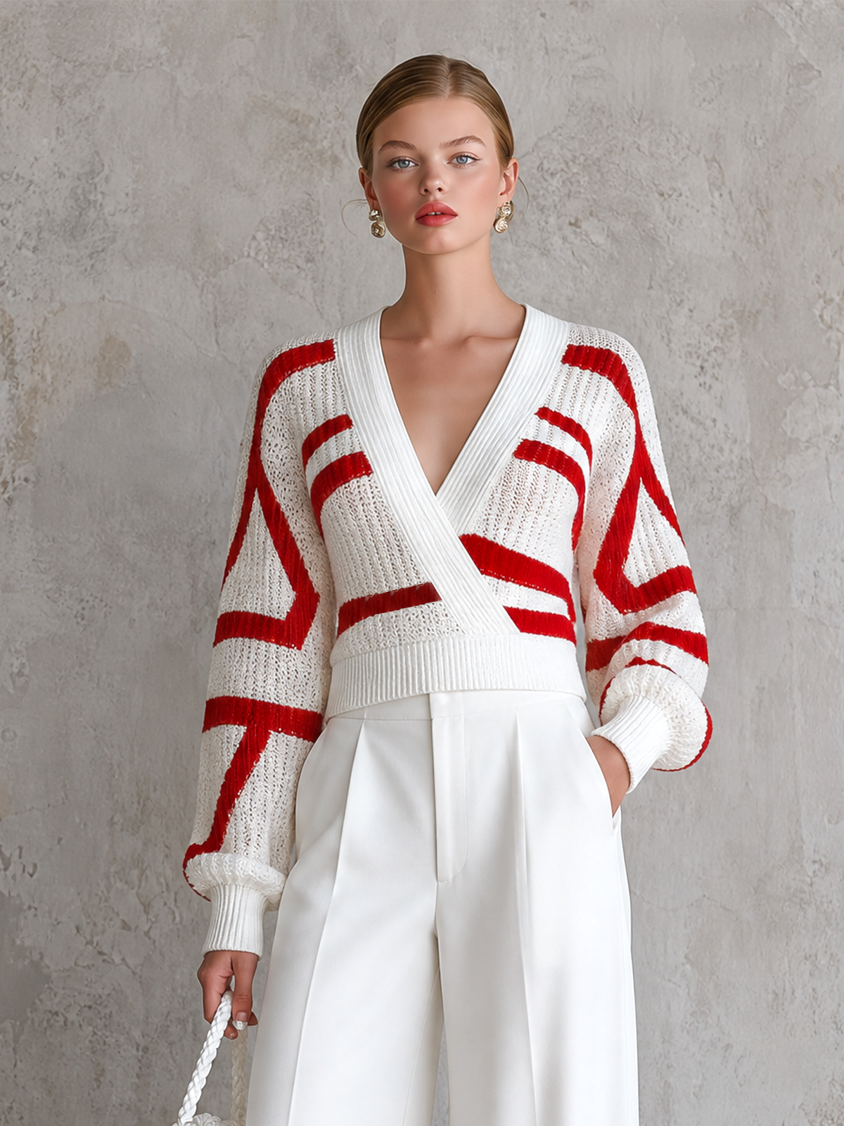 ElevenOra Chic Elegant White-Red Geometric Colorblock Jacquard  Wrap V Neck Balloon Long Sleeve Loose-Fit Knit Sweater Top