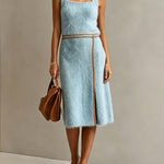 ElevenOra Chic Elegant Blue Mohair Blend Square-Neck Sleeveless Brown Trim Detail Slit Hem H-Shaped Knit Midi Dress