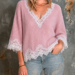 ElevenOra Chic Elegant Pink V-Neck Lace Trim Three-Quarter Sleeve Loose-Fit Ribbed Knit Sweater Top