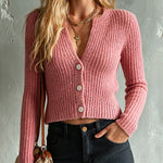 ElevenOra Chic Elegant Pink V-Neck Single-Breasted Long-Sleeve Slim-Fit Soft Warm Ribbed Knit Cardigan Top