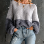 ElevenOra Chic Casual Light Gray-Dark Gray Colorblock Boat Neck Long Sleeves Loose-Fit Knit Sweater Top